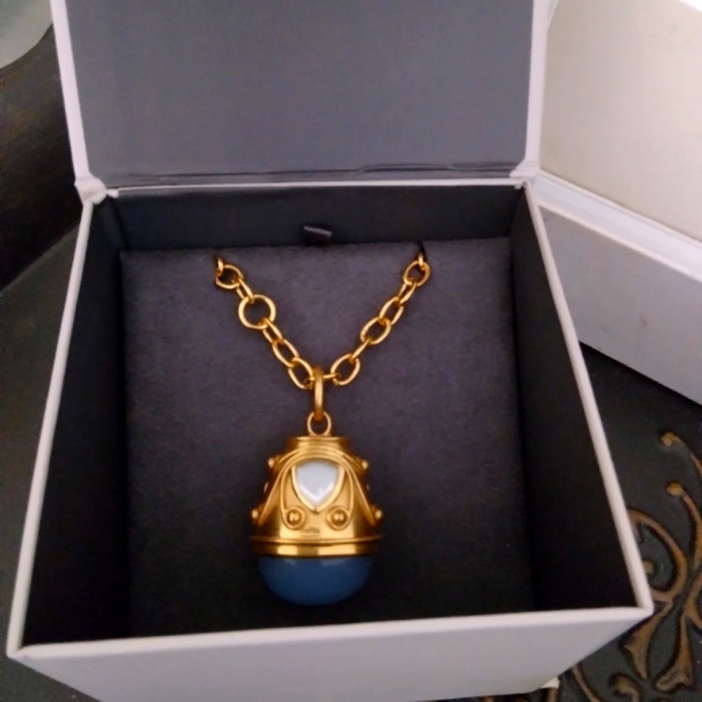 Julie Vos 24k Statement Pendant and ring size 7. Mother of Pearl & Blue cabochon